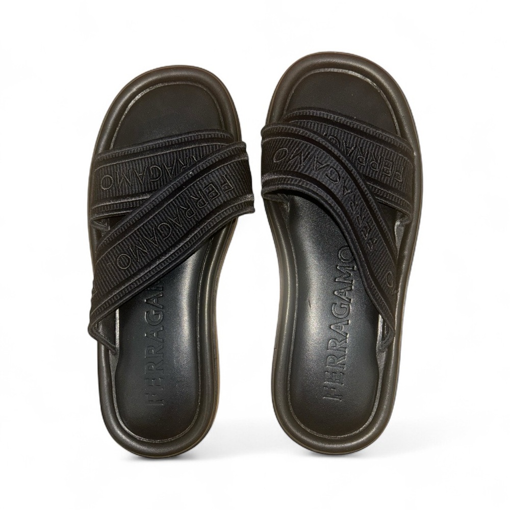 Salvatore Ferragamo Black Embossed Slide Sandals Size 7 Laurene Sandal